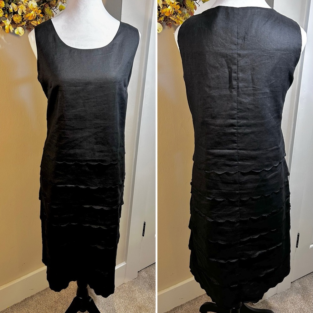 LINO USA 100% Linen Tiered Scalloped Ruffle Sleeveless Shift Midi Dress Sz L